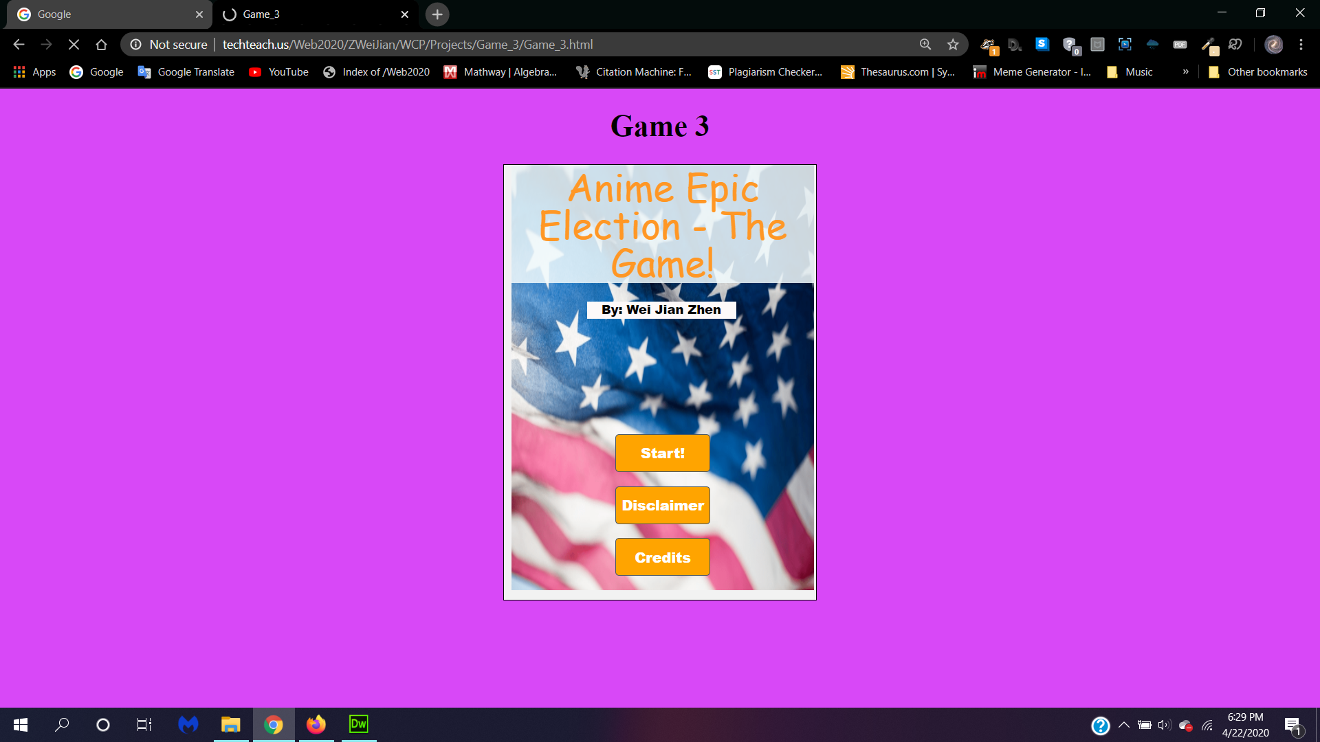 Screenshot of Game 3/Anime Election - The Game and its website
